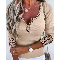 Long Sleeve Buttoned Cheetah Print Top - Apricot