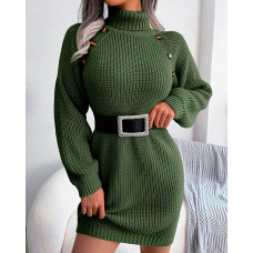 Long Sleeve Buttoned High Neck Sweater Dress - Army green