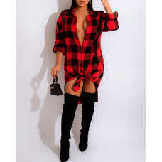 Long Sleeve Buttoned Plaid Print Shacket - red