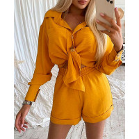 Long Sleeve Buttoned Pocket Design Top & Shorts Set - yellow