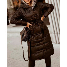 Long Sleeve Buttoned Puffer Coat With Belt - black