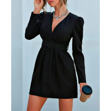 Long Sleeve Buttoned Ruched Blazer Work Dress - black