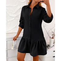 Long Sleeve Buttoned Ruffle Hem Shirt Dress - black