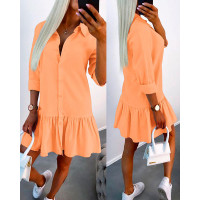 Long Sleeve Buttoned Ruffle Hem Shirt Dress - orange