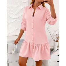 Long Sleeve Buttoned Ruffle Hem Shirt Dress - pink