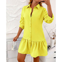 Long Sleeve Buttoned Ruffle Hem Shirt Dress - yellow