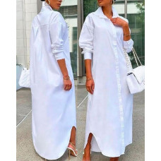 Long Sleeve Buttoned Slit Shirt Dress - white