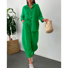 Long Sleeve Buttoned Top & Casual Pants Set - light green