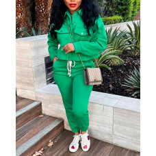 Long Sleeve Buttoned Top & Drawstring Pants Set - green