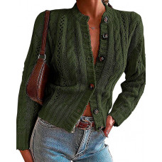 Long Sleeve Cable Knit Buttoned Cardigan - dark green