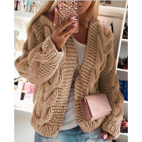 Long Sleeve Cable Knit Hooded Cardigan - Apricot