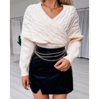 Long Sleeve Cable Knit Wrap Sweater - Apricot