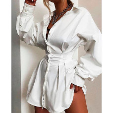 Long Sleeve Casaul Shirt Dress - white