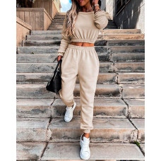 Long Sleeve Casual Top & Pocket Design Pants Set - khaki