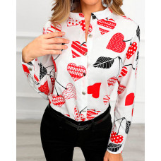 Long Sleeve Cherry Print Casual Shirt - white