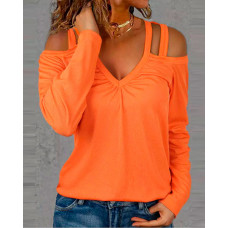 Long Sleeve Cold Shoulder Ribbed Top - orange