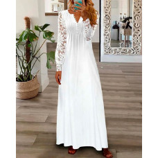 Long Sleeve Contrast Lace Maxi Dress - white