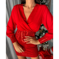 Long Sleeve Contrast Mesh Sequin Party Dress - red