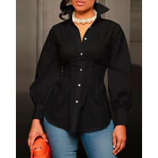 Long Sleeve Corset Design Button Down Shirt - black