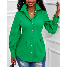 Long Sleeve Corset Design Button Down Shirt - green