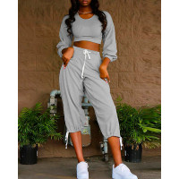 Long Sleeve Corset Top & Drawstring Pants Set - gray