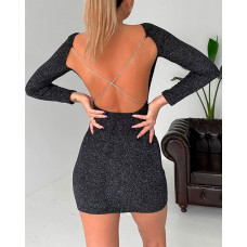 Long Sleeve Crisscross Backless Glitter Party Dress - black