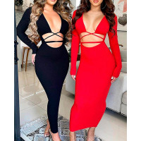 Long Sleeve Crisscross Cutout Bodycon Dress - red