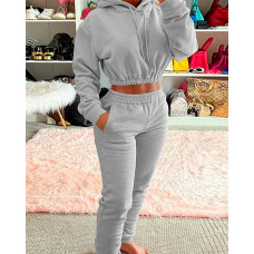 Long Sleeve Crop Drawstring Hoodie & Sweatpants Set - gray