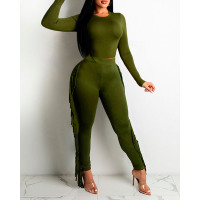 Long Sleeve Crop Top & Fringe Trim Pants Set - green