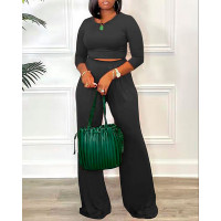 Long Sleeve Crop Top & High Waist Pants Set - black