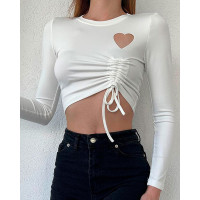 Long Sleeve Cutout Drawstring Crop Top - white