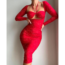 Long Sleeve Cutout Glitter Bodycon Dress - red