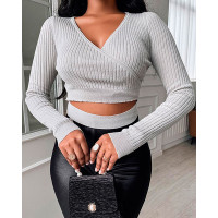 Long Sleeve Cutout Wrap Sweater - gray