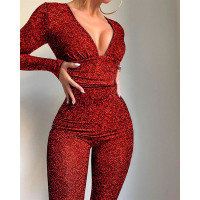 Long Sleeve Deep V-Neck Glitter Jumpsuit - red