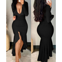 Long Sleeve Deep V-Neck Mermaid Dress - black