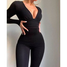 Long Sleeve Deep V-Neck Skinny Jumpsuit - black