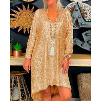 Long Sleeve Dip Hem Sequin Dress - gold