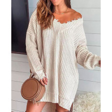 Long Sleeve Distressed Chunky Knit Sweater Dress - Apricot