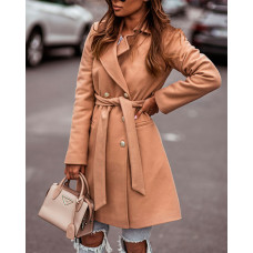 Long Sleeve Double Breasted Belted Pea Coat - khaki