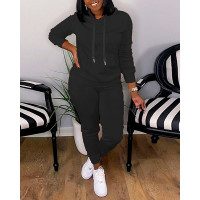 Long Sleeve Drawstring Hoodie & Pants Set - black