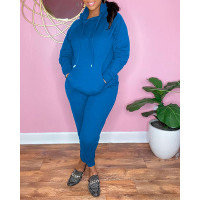 Long Sleeve Drawstring Hoodie & Pants Set - blue