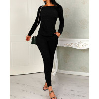 Long Sleeve Drawstring Knitted Top & Pants Set - black