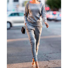 Long Sleeve Drawstring Knitted Top & Pants Set - gray