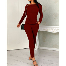 Long Sleeve Drawstring Knitted Top & Pants Set - Wine red