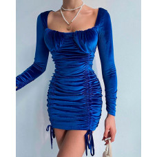 Long Sleeve Drawstring Ruched Velvet Bodycon Dress - blue