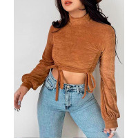 Long Sleeve Drawstring Ruched Velvet Crop Top - brown