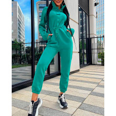 Long Sleeve Drawstring Waist Jumpsuit - green