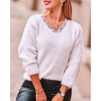 Long Sleeve Eyelash Crochet Lace Patch Fluffy Sweater - white