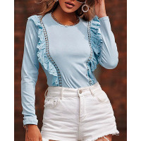 Long Sleeve Eyelet Embroidery Ruffle Hem Top - blue