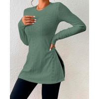 Long Sleeve Eyelet Embroidery Slit Top - green